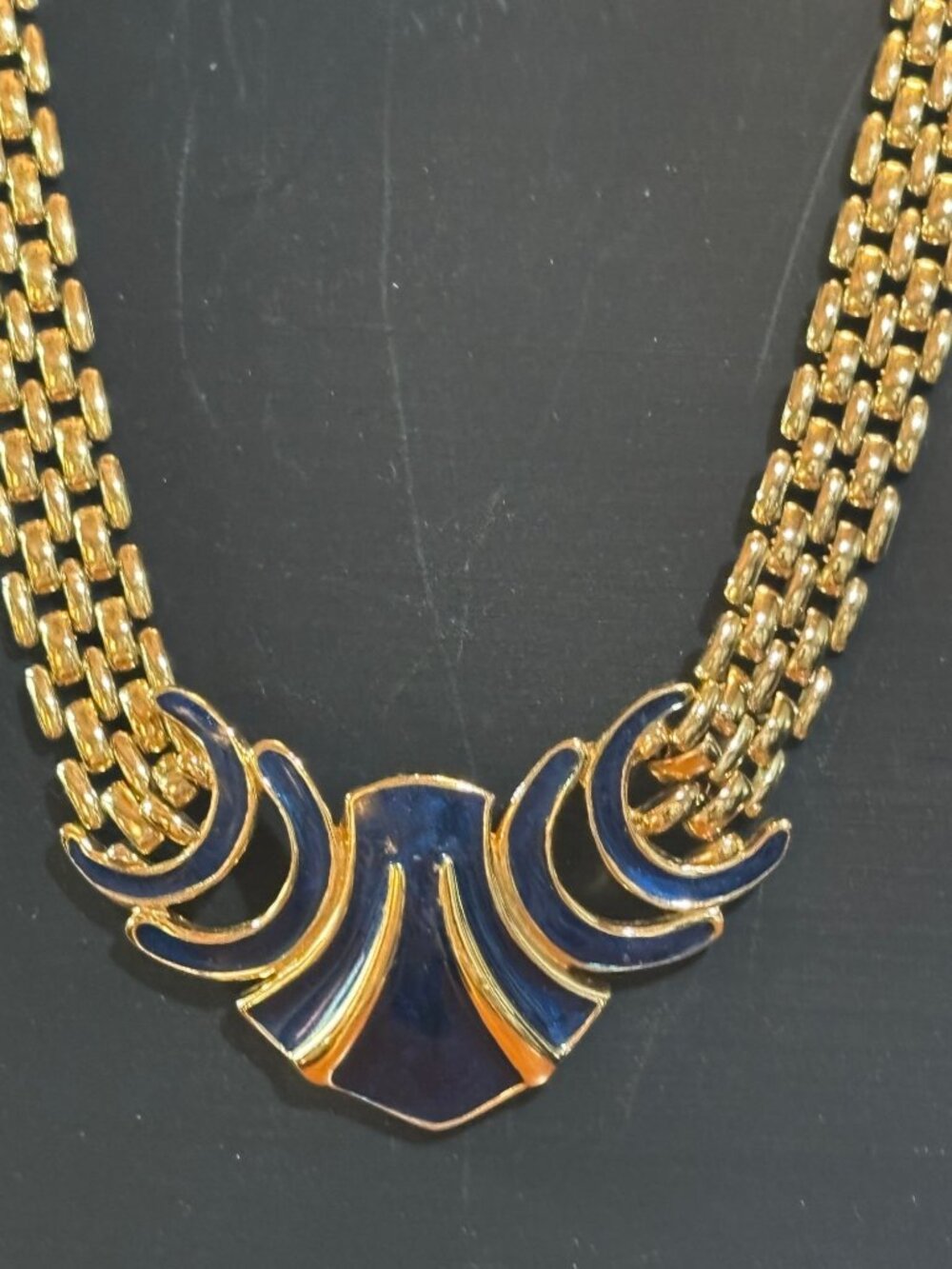 Trifari Gold Tone Multi Strand Blue Enamel Statement Necklace Vintage Rare